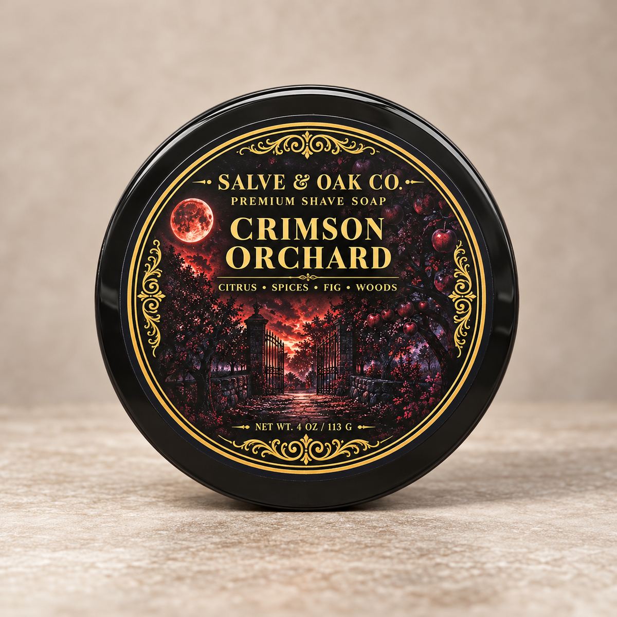 Crimson Orchard premium shave soap by Salve & Oak Co. in black tub with dark orchard label