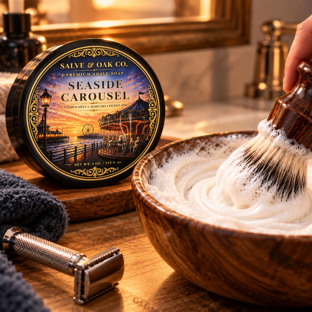 Seaside Carousel shave soap beside a lathered shave bowl, shaving brush, razor, and clean wet shaving setup