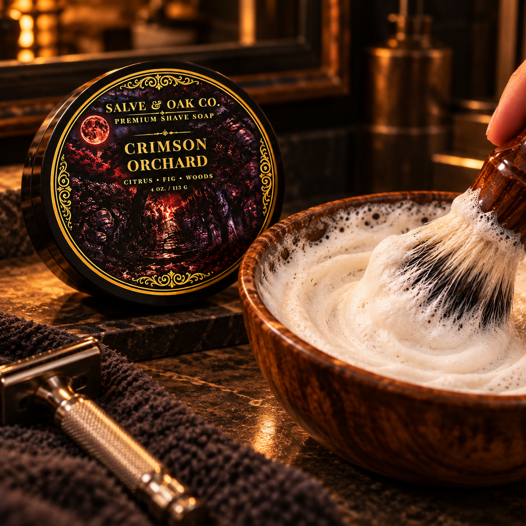 Crimson Orchard shave soap beside a lathered shave bowl, shaving brush, razor, and dark moody grooming setup