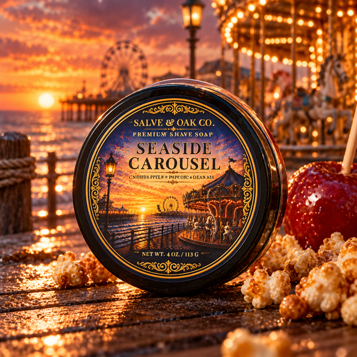 Seaside Carousel shave soap surrounded by candied apple, caramel popcorn, ocean air, carousel lights, and a seaside sunset