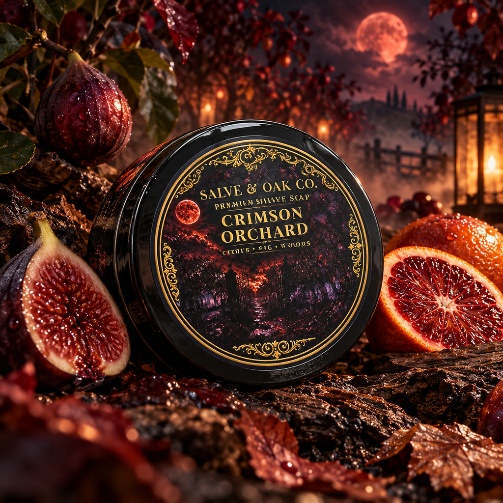 Crimson Orchard shave soap surrounded by figs, blood orange, dark woods, crimson leaves, and a moonlit orchard