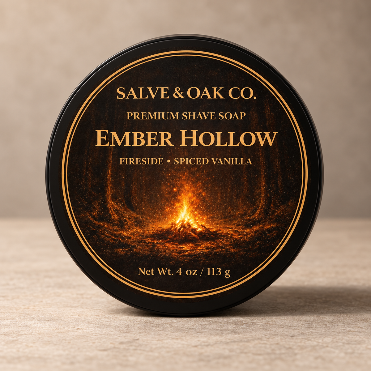 Ember Hollow premium shave soap by Salve & Oak Co. in black tub with fireside and spiced vanilla label