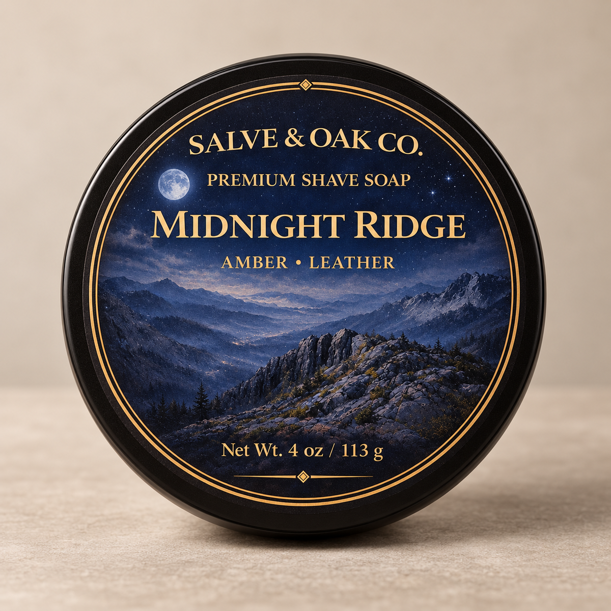 Midnight Ridge premium shave soap by Salve & Oak Co. in black tub with moonlit mountain and amber leather label