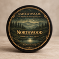 Northwood premium shave soap by Salve & Oak Co. in black tub with forest, mountain, tobacco, and bay leaf label