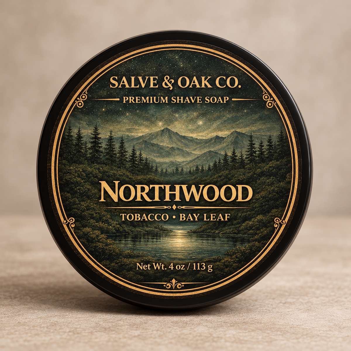 Northwood premium shave soap by Salve & Oak Co. in black tub with forest, mountain, tobacco, and bay leaf label