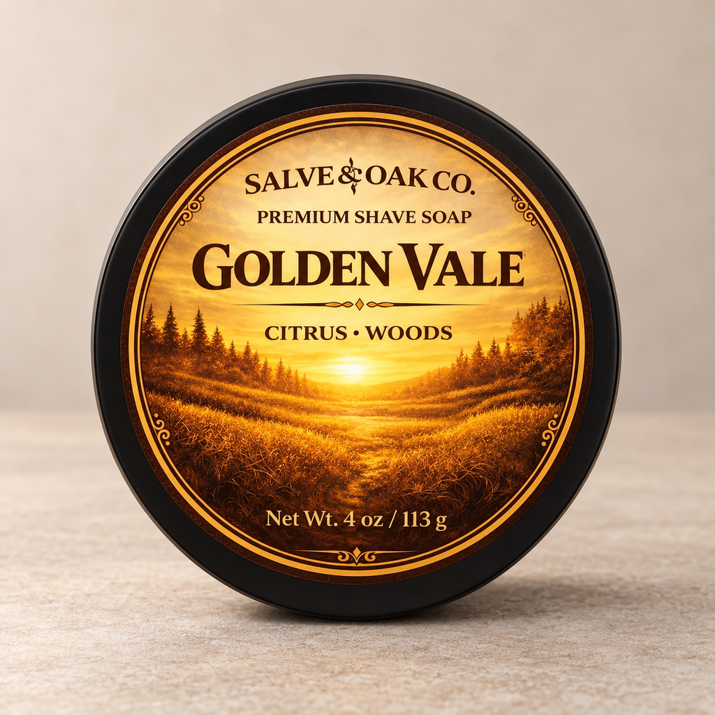 Golden Vale premium shave soap by Salve & Oak Co. in black tub with golden valley, citrus, and woods label
