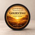Golden Vale premium shave soap by Salve & Oak Co. in black tub with golden valley, citrus, and woods label