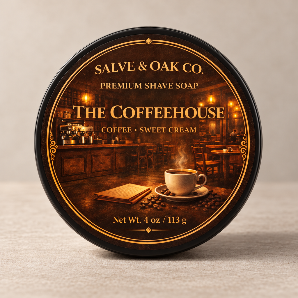 The Coffeehouse premium shave soap by Salve & Oak Co. in black tub with coffee and sweet cream label
