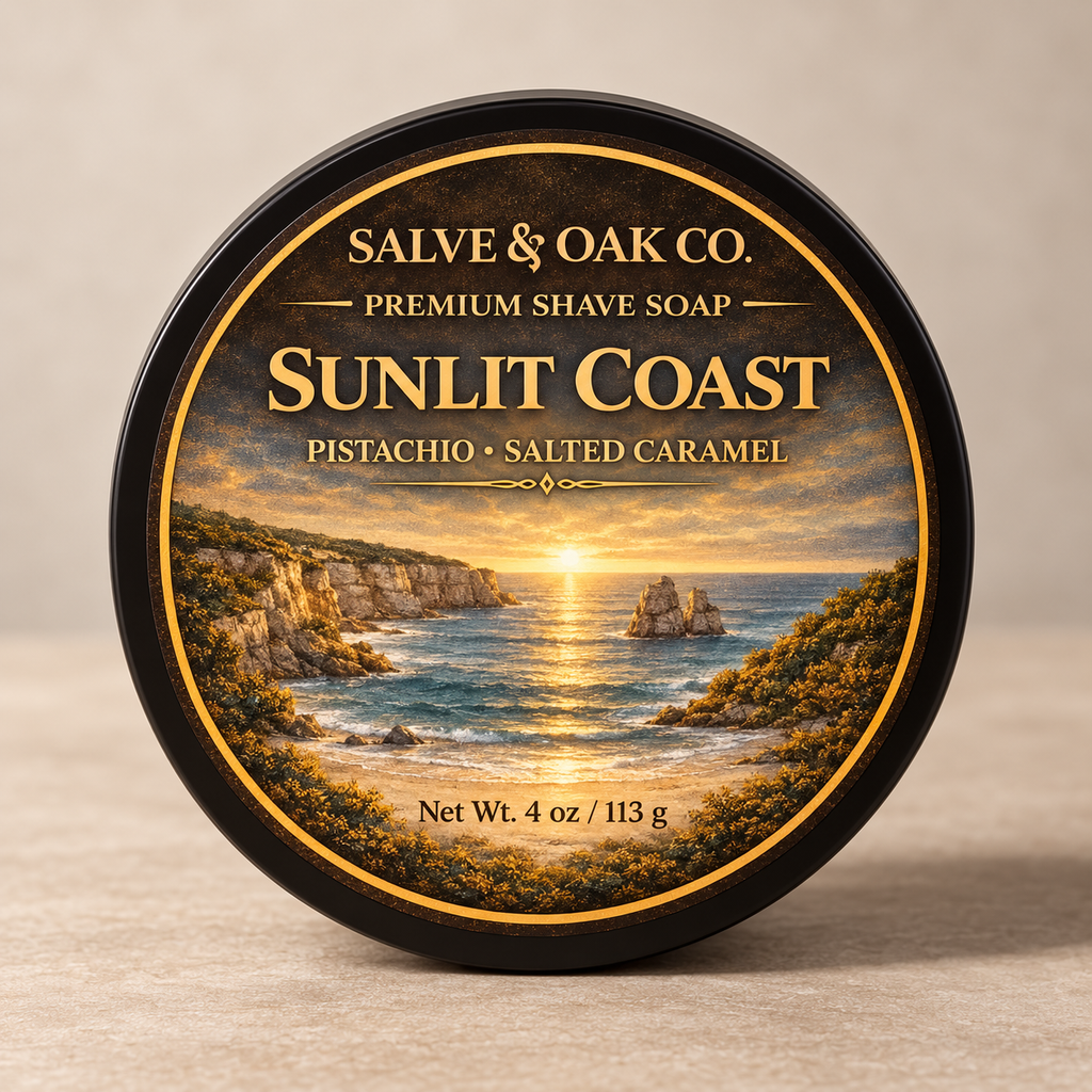 Sunlit Coast premium shave soap by Salve & Oak Co. in black tub with coastal sunset, pistachio, and salted caramel label