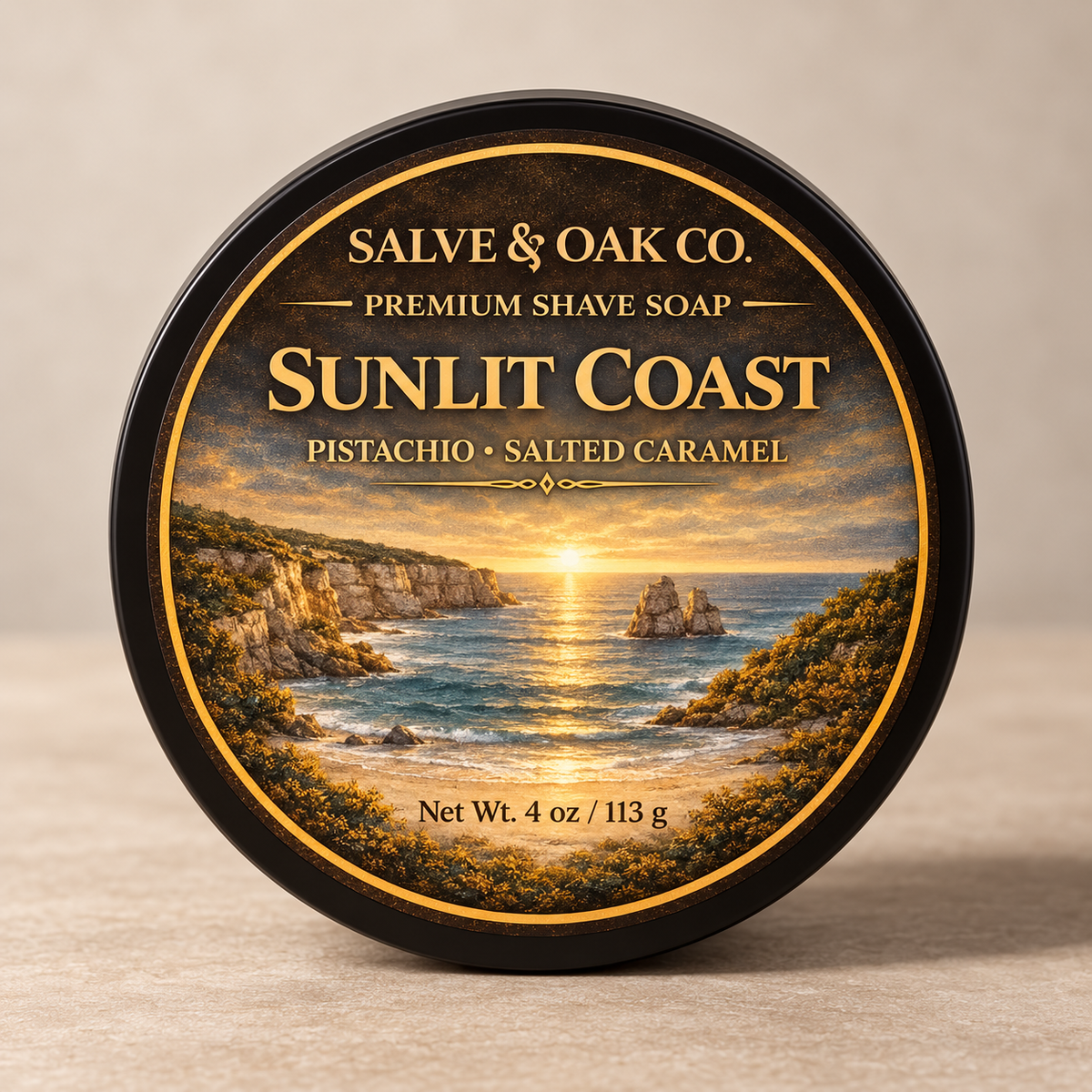 Sunlit Coast premium shave soap by Salve & Oak Co. in black tub with coastal sunset, pistachio, and salted caramel label