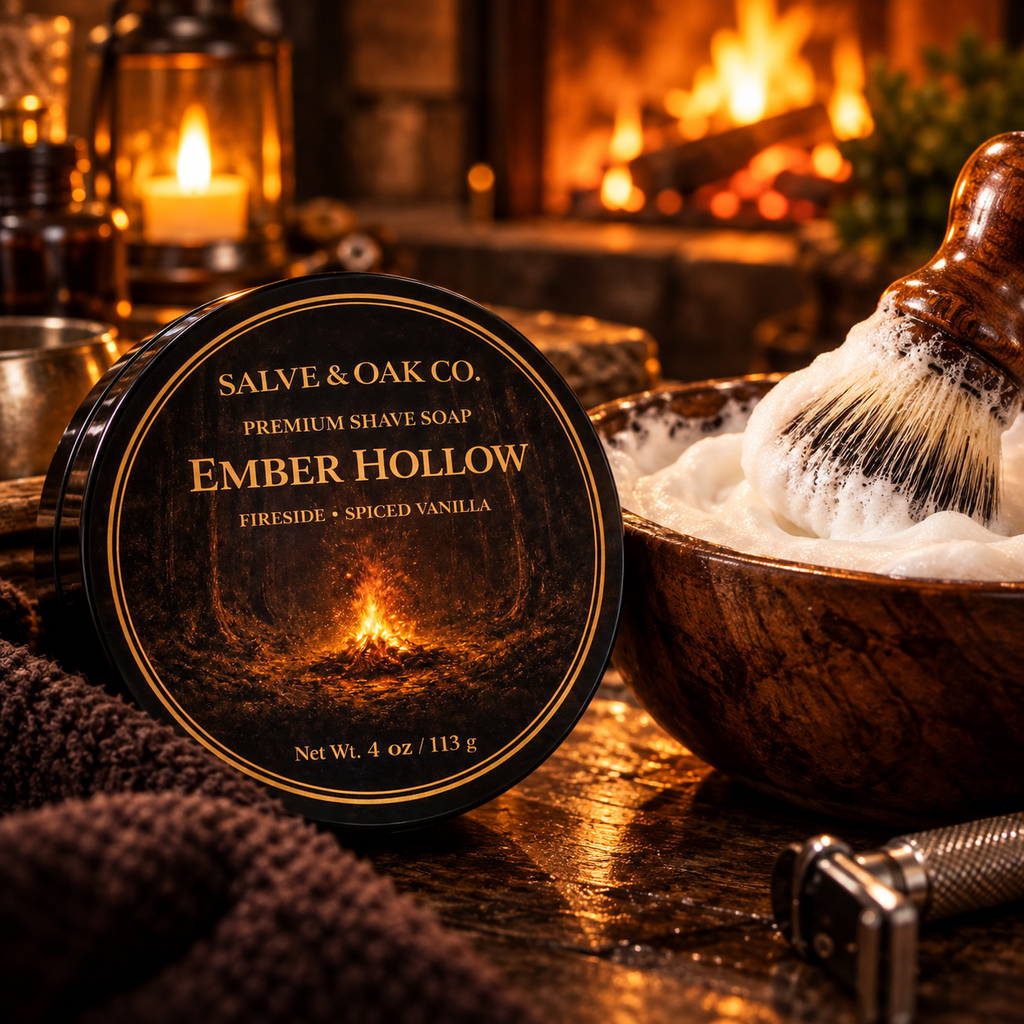 Ember Hollow shave soap beside a wooden shave bowl with rich lather, shaving brush, razor, and warm grooming setup