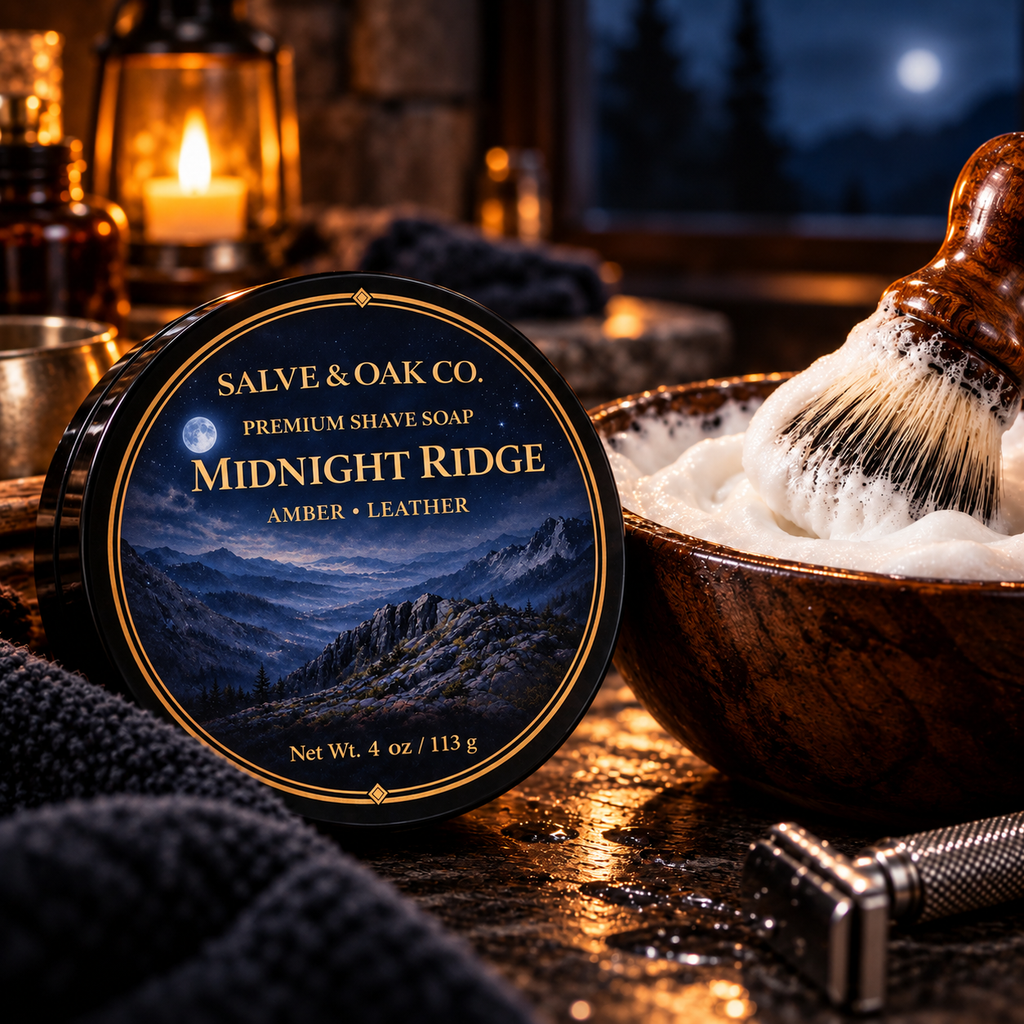 Midnight Ridge shave soap beside a lathered shave bowl, shaving brush, razor, and dark moonlit grooming setup