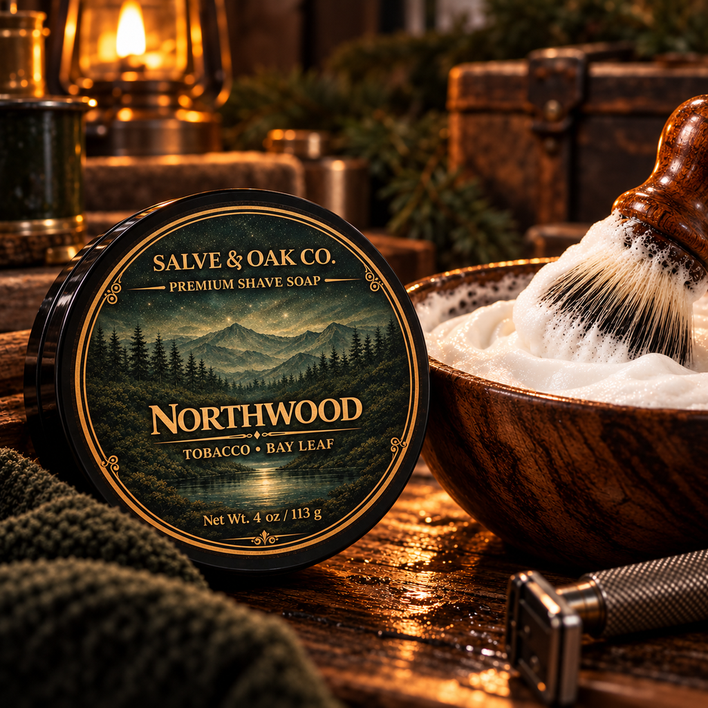 Northwood shave soap beside a lathered shave bowl, shaving brush, razor, and rustic woodland grooming setup