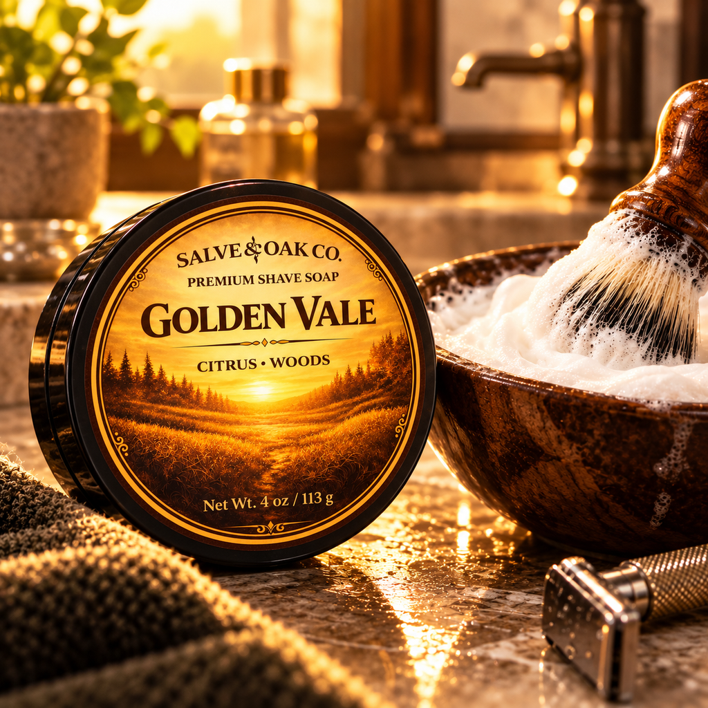 Golden Vale shave soap beside a lathered shave bowl, shaving brush, razor, and bright golden grooming setup
