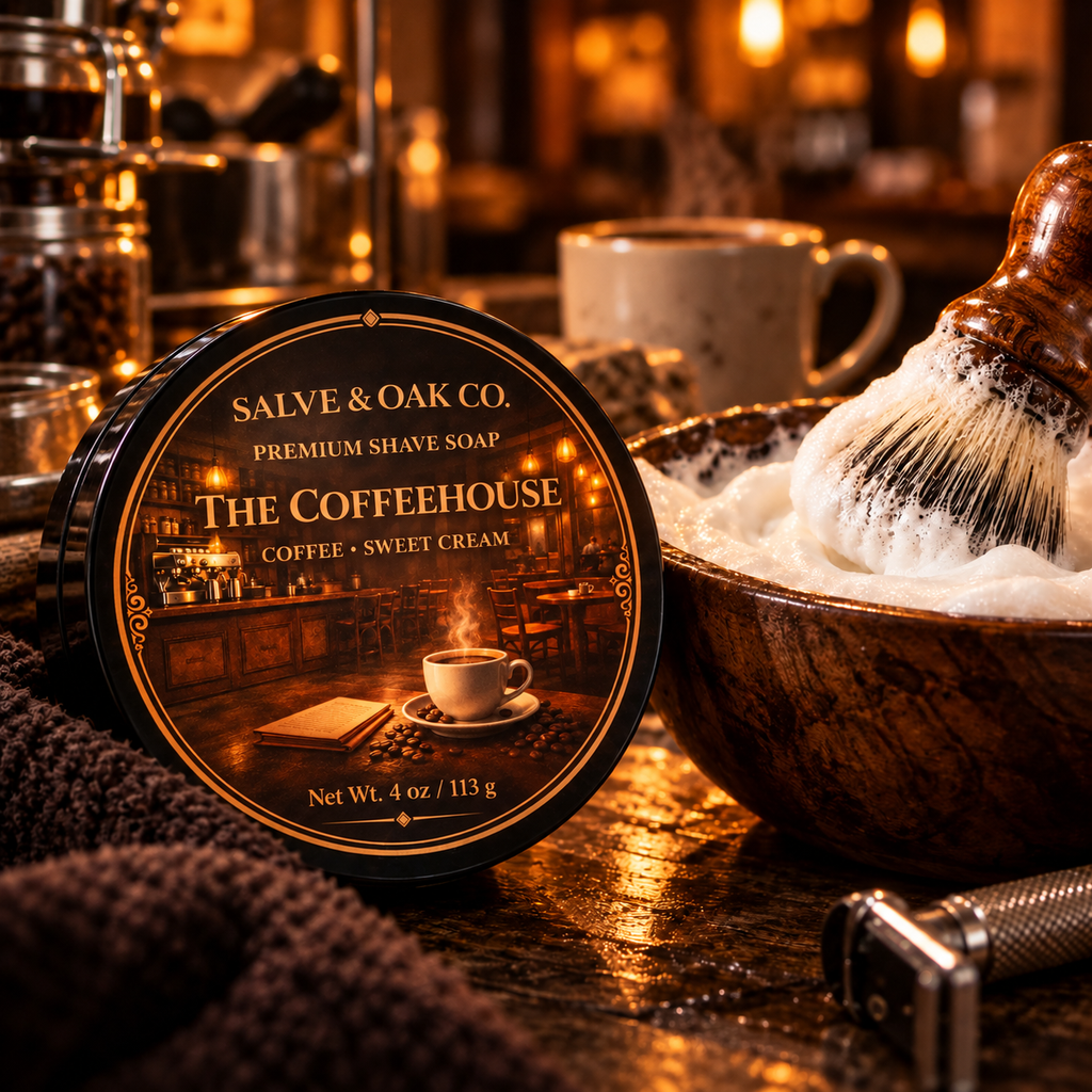 The Coffeehouse shave soap beside a lathered shave bowl, shaving brush, razor, and warm coffee shop grooming setup