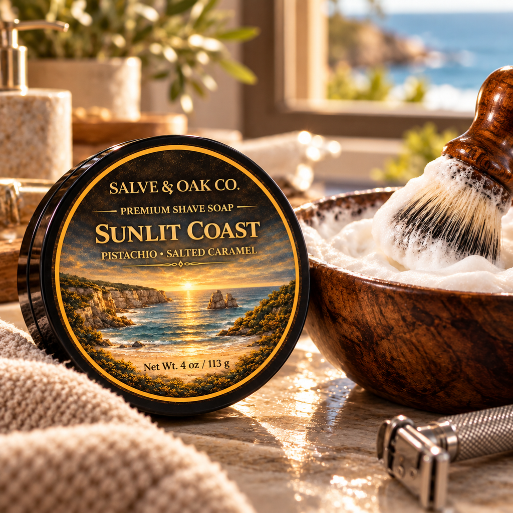 Sunlit Coast shave soap beside a lathered shave bowl, shaving brush, razor, and bright coastal grooming setup