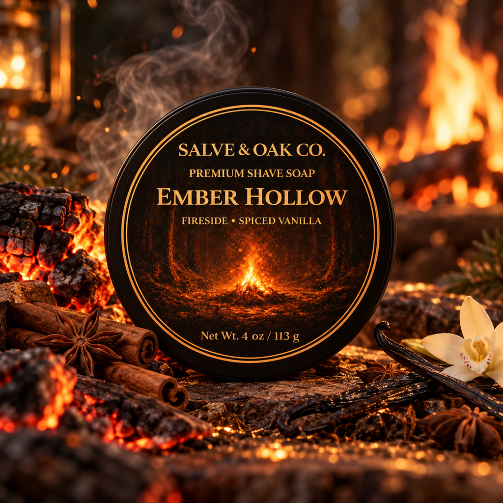 Ember Hollow shave soap surrounded by glowing embers, firelight, cinnamon, star anise, and vanilla in a warm fireside scene