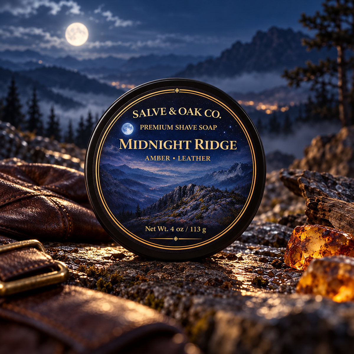 Midnight Ridge shave soap on a rocky mountain setting with leather, amber, moonlight, and distant alpine peaks
