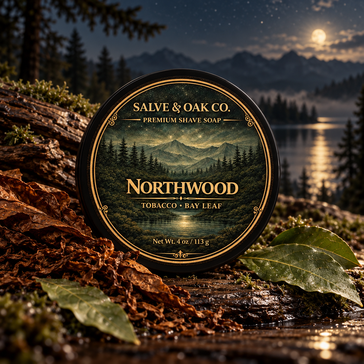 Northwood shave soap surrounded by tobacco leaves, bay leaves, wood, pine forest, mountains, and moonlit water