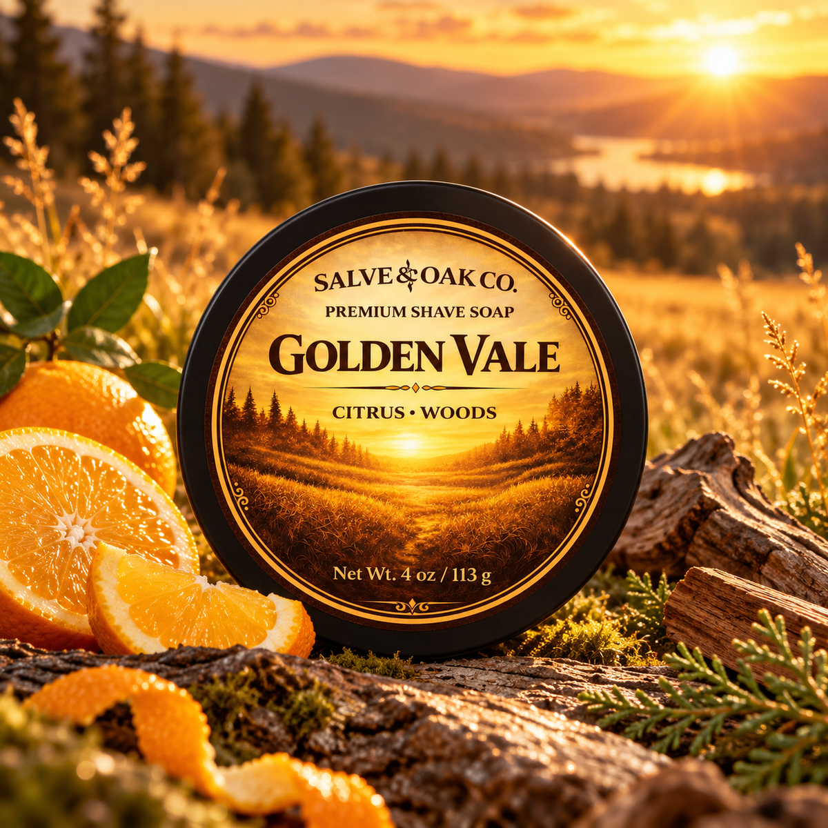 Golden Vale shave soap surrounded by fresh citrus, sunlit woods, golden grass, and warm valley scenery
