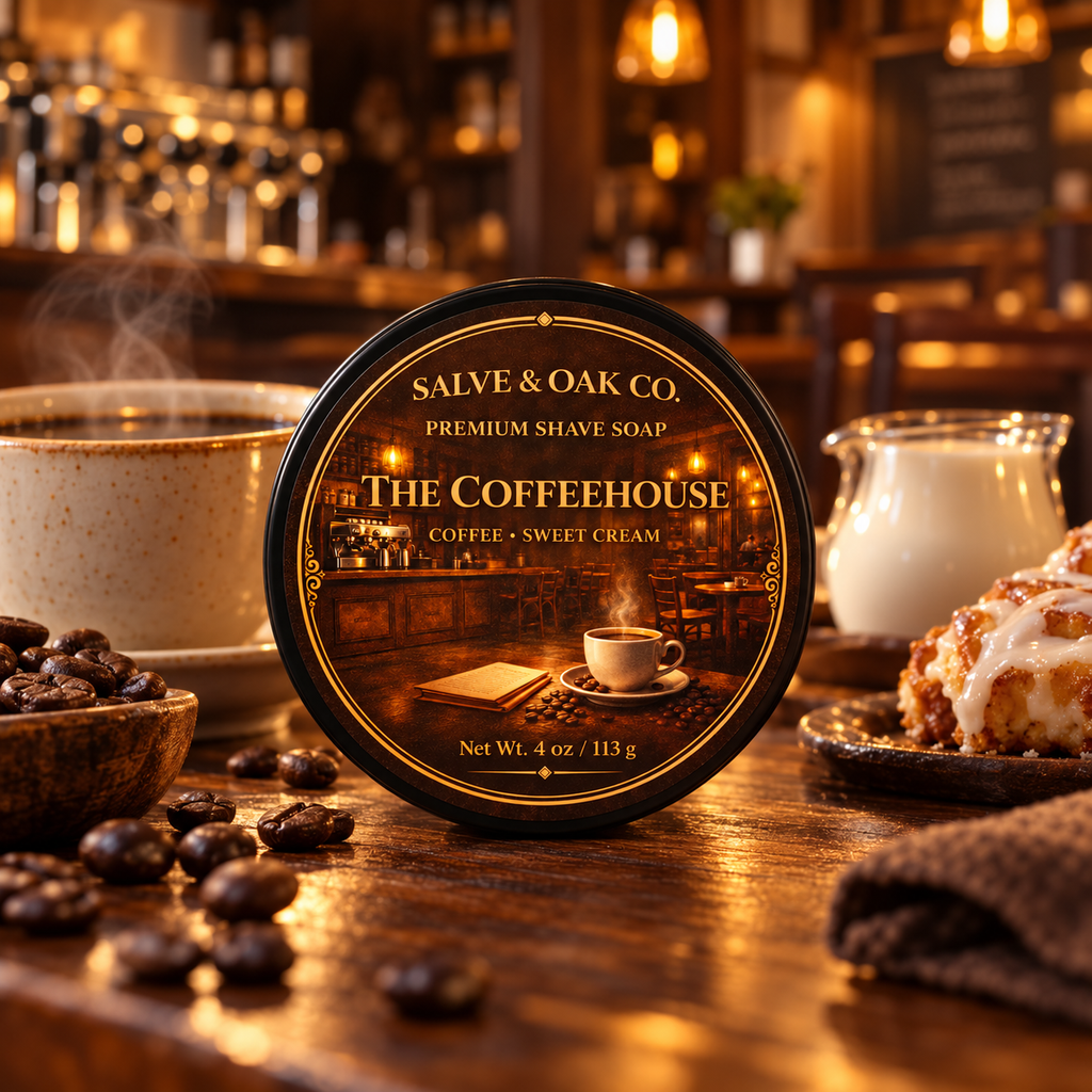 The Coffeehouse shave soap surrounded by coffee beans, steaming coffee, sweet cream, pastries, and a cozy cafe setting