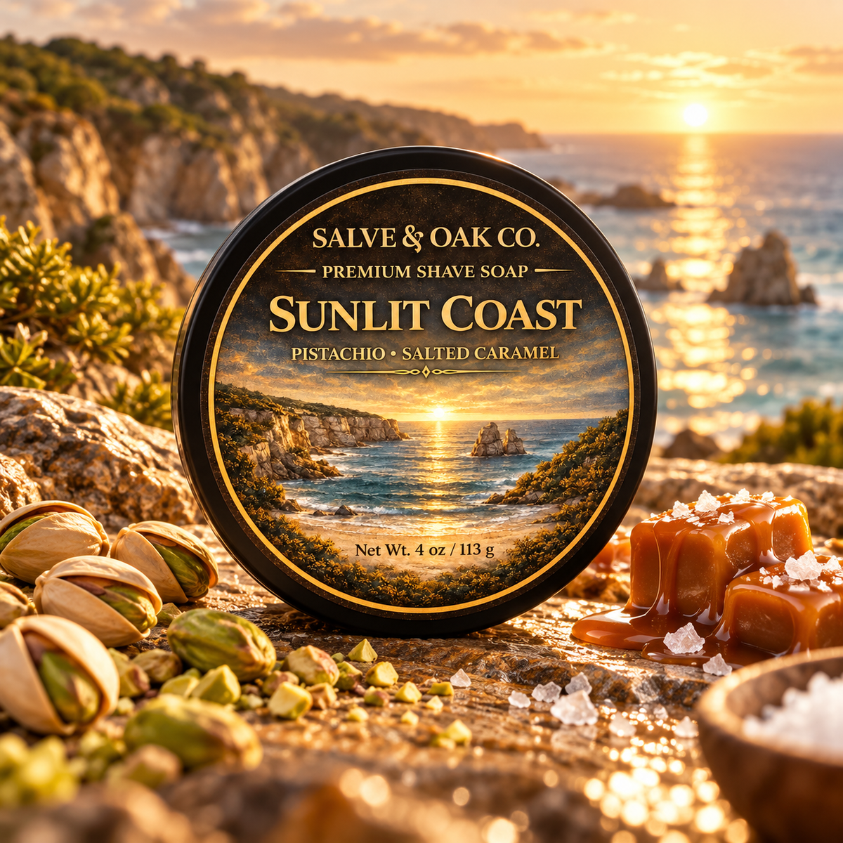 Sunlit Coast shave soap surrounded by pistachios, salted caramel, sea salt, cliffs, and a glowing coastal sunset