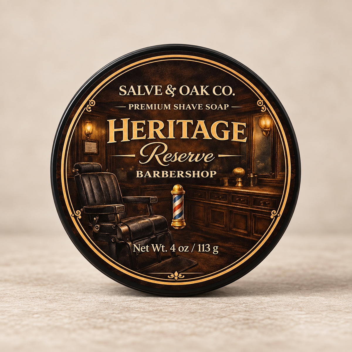 Heritage Reserve premium shave soap by Salve & Oak Co. in a black tub with a vintage barbershop label