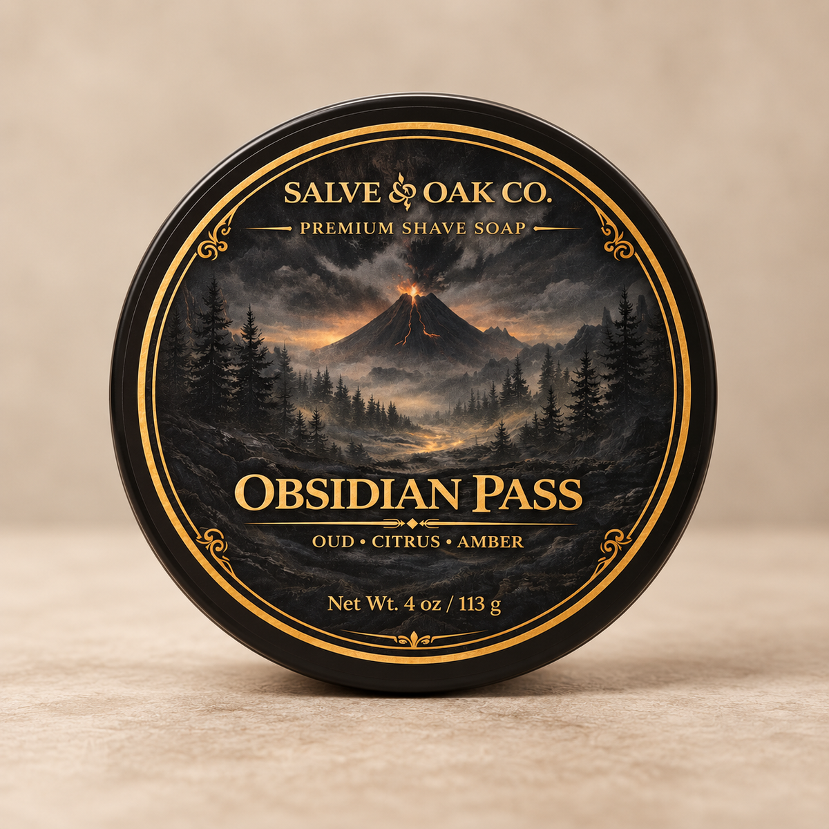 Obsidian Pass premium shave soap by Salve & Oak Co. in a black tub with volcanic mountain, oud, citrus, and amber label
