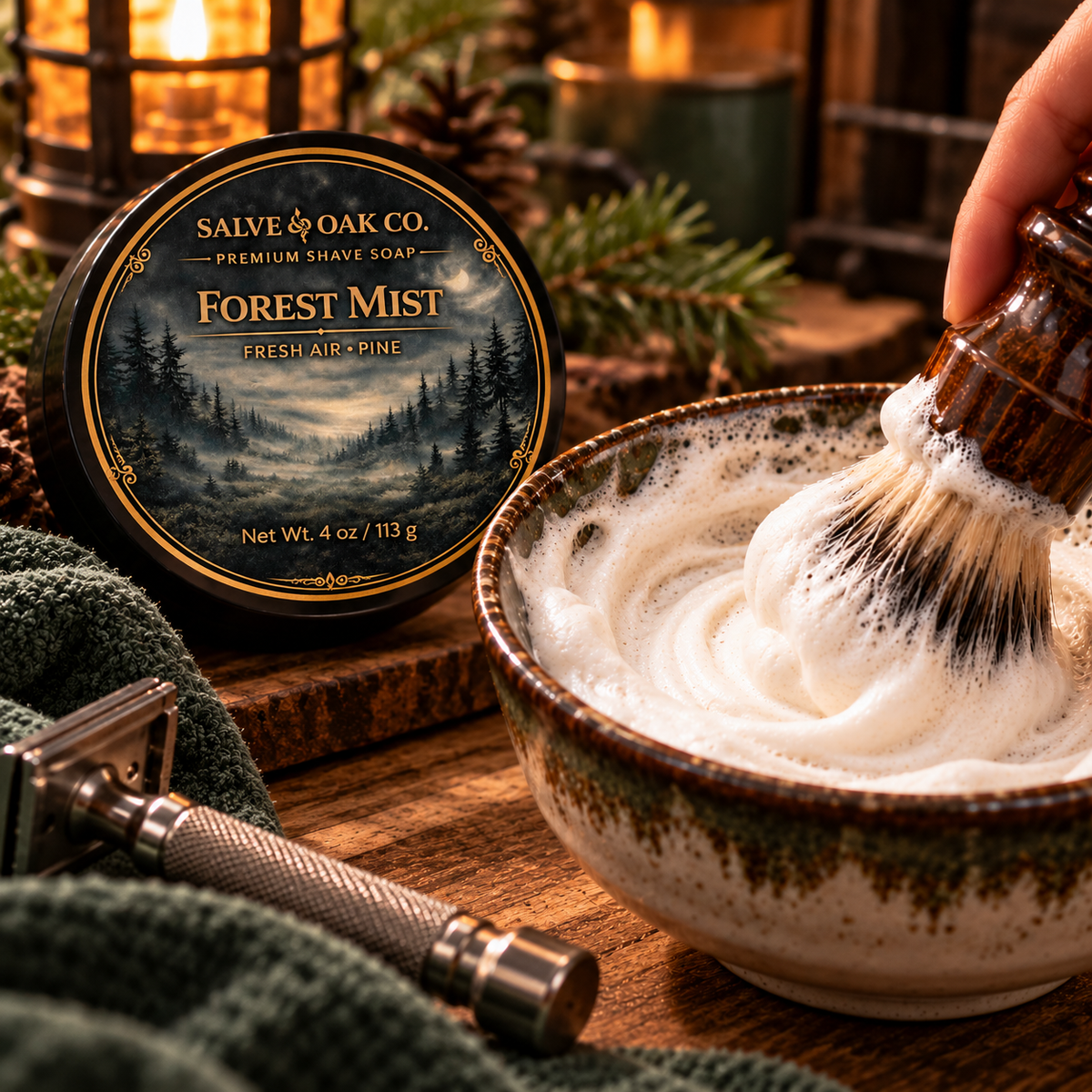 Forest Mist shave soap beside a lathered shave bowl, shaving brush, razor, and rustic woodland grooming setup