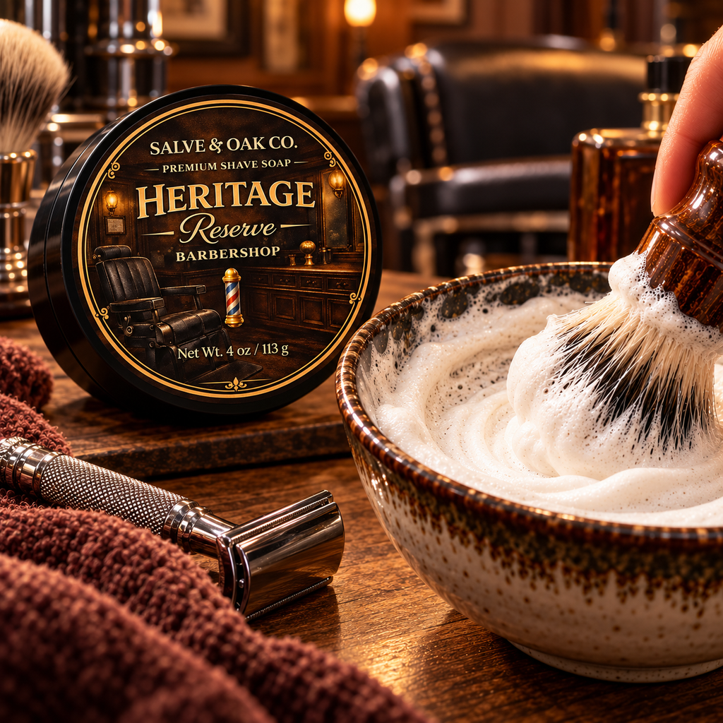 Heritage Reserve shave soap beside a lathered shave bowl, shaving brush, razor, and classic barbershop grooming setup