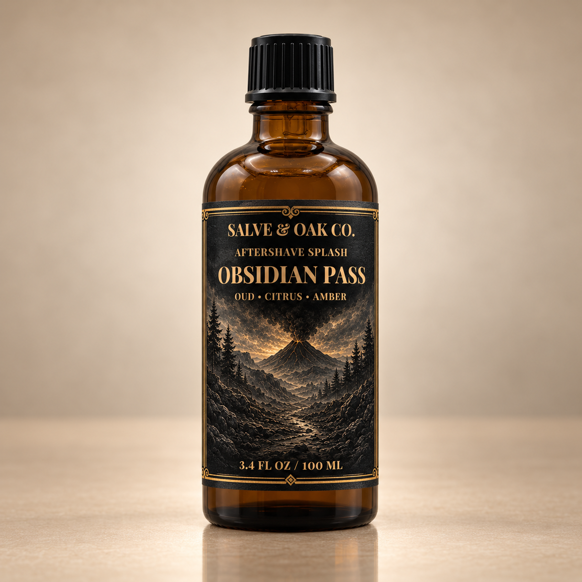 Salve & Oak Co. Obsidian Pass aftershave splash in amber glass bottle