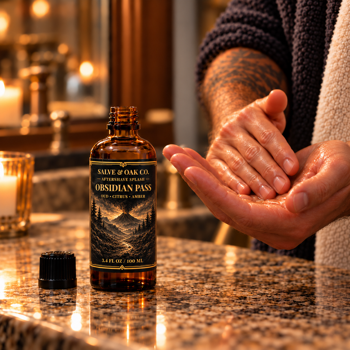 Obsidian Pass aftershave splash beside hands applying aftershave in a warm bathroom