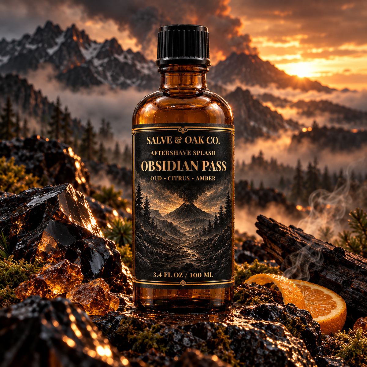 Obsidian Pass aftershave splash among obsidian rock, citrus and a dramatic volcanic landscape