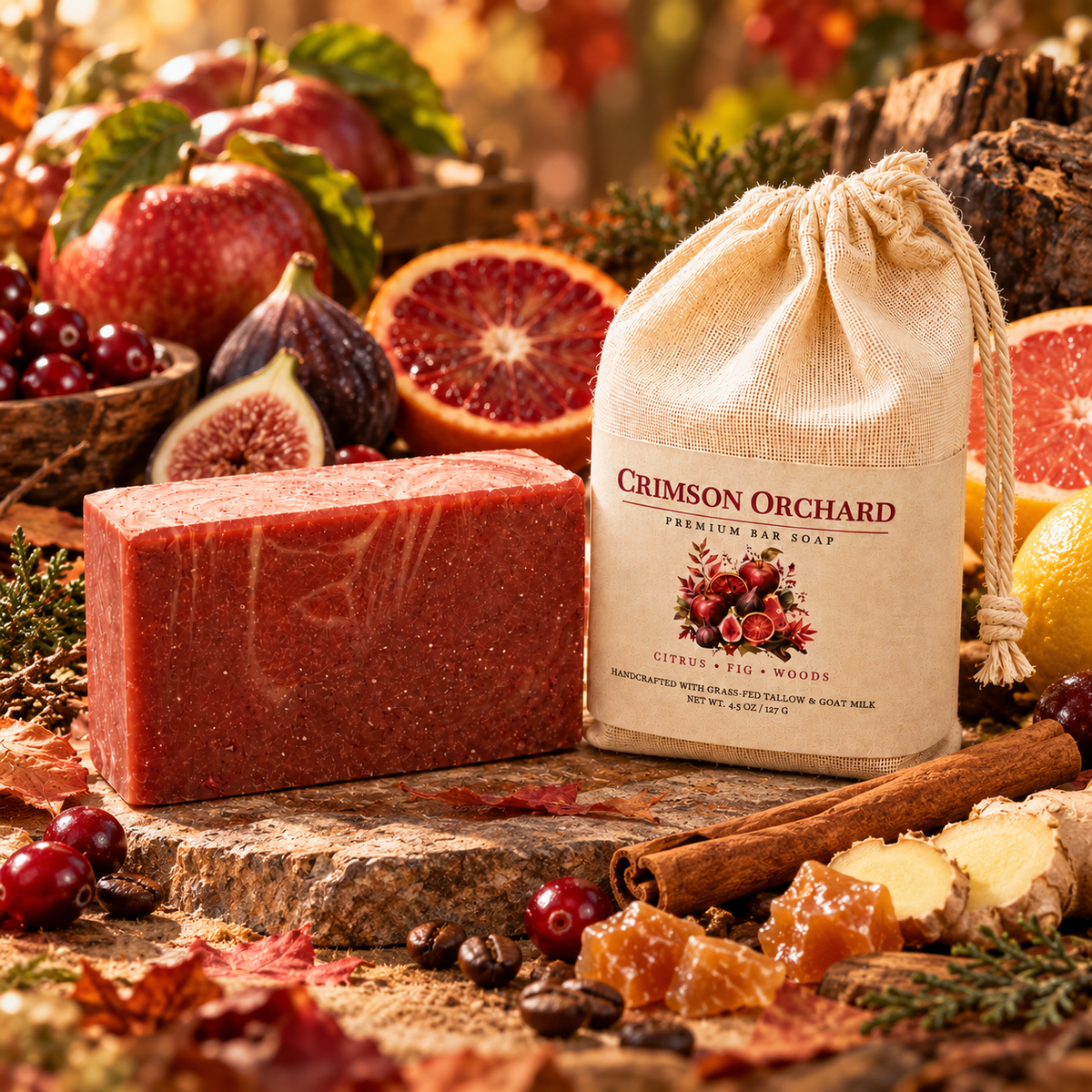 Crimson Orchard grass-fed tallow and goat milk bar soap styled with cranberry, fig, blood orange, apple, citrus, ginger and warm woods