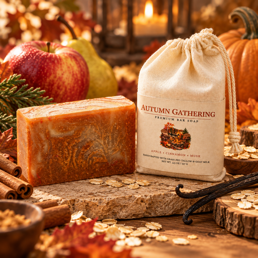 Autumn Gathering grass-fed tallow and goat milk bar soap styled with apple, pear, pumpkin spice, oats, cedarwood and vanilla in a warm fall setting