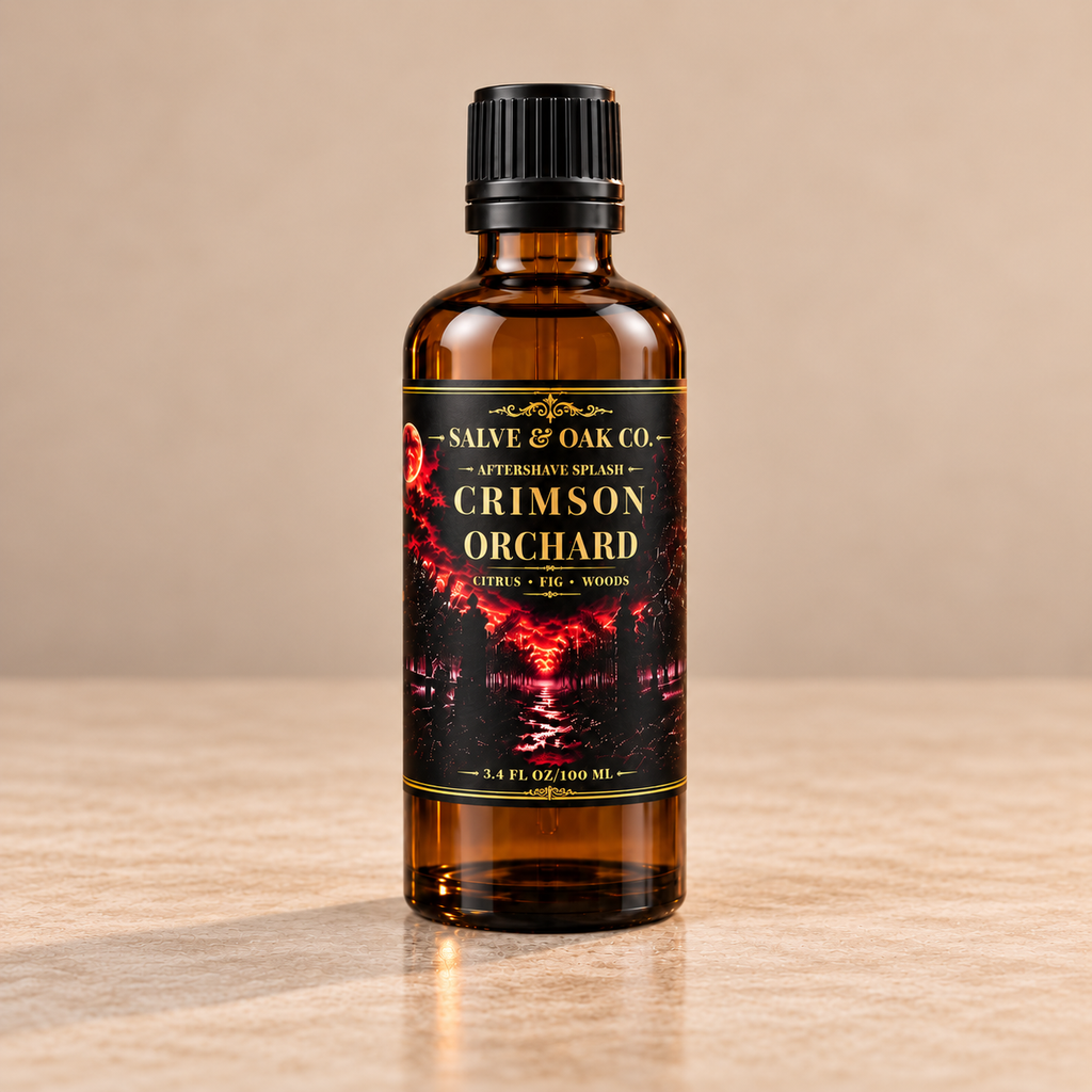 Salve & Oak Co. Crimson Orchard aftershave splash in amber glass bottle
