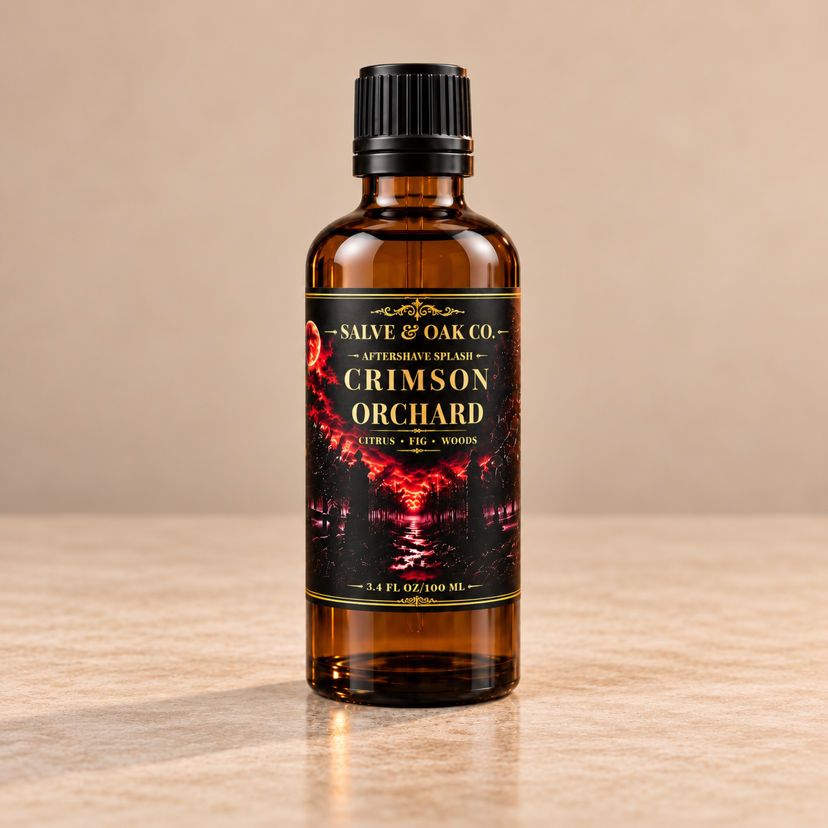 Salve & Oak Co. Crimson Orchard aftershave splash in amber glass bottle
