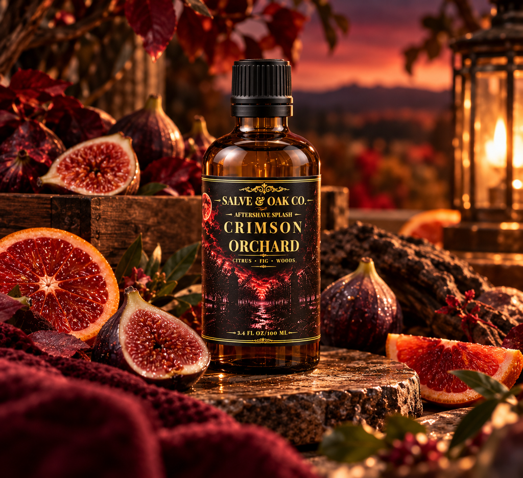 Crimson Orchard aftershave splash surrounded by figs, citrus and rich autumn orchard elements