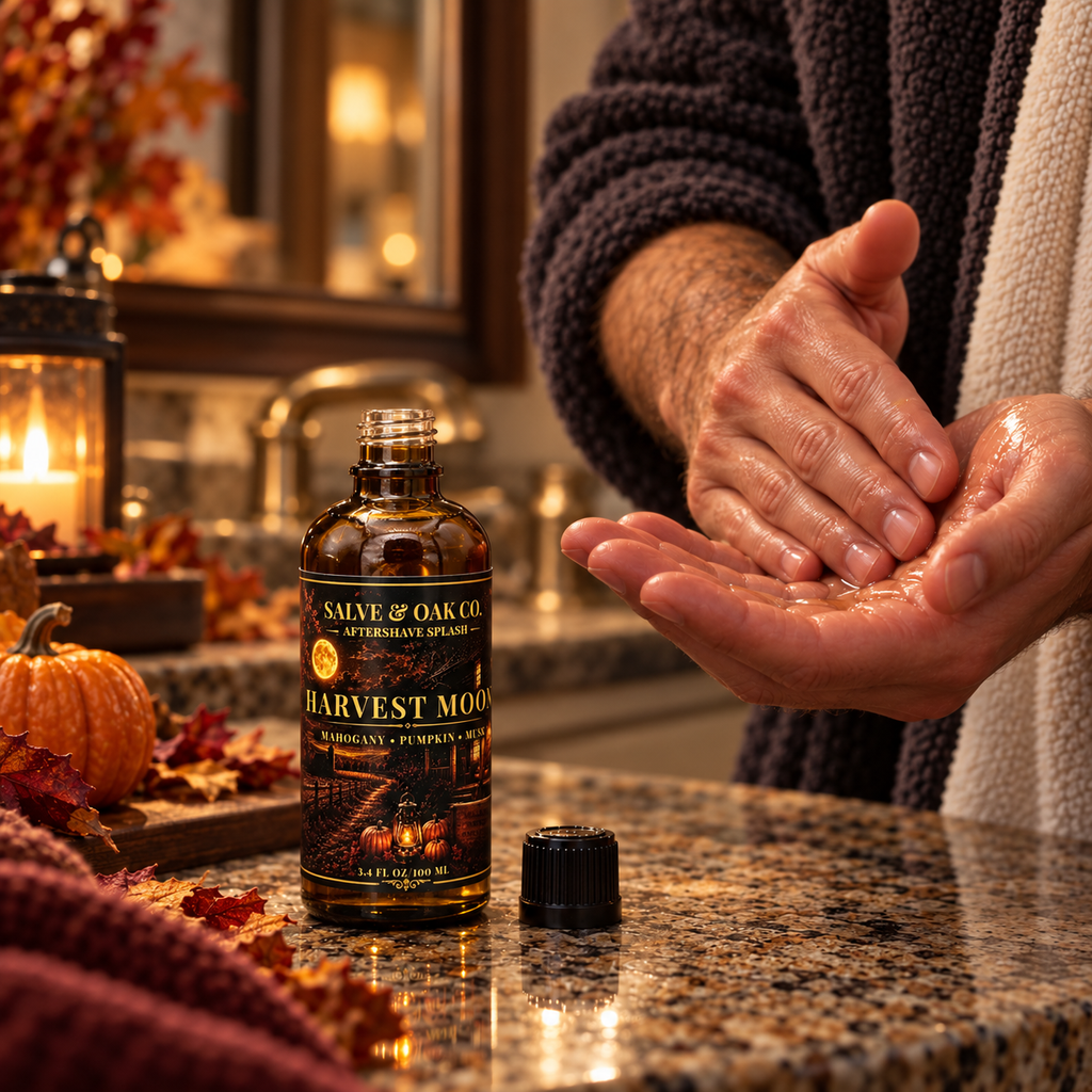 Harvest Moon aftershave splash beside hands applying aftershave in a warm bathroom