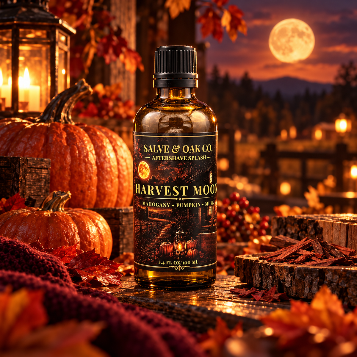Harvest Moon aftershave splash in an autumn scene with pumpkin, warm spices and lantern light