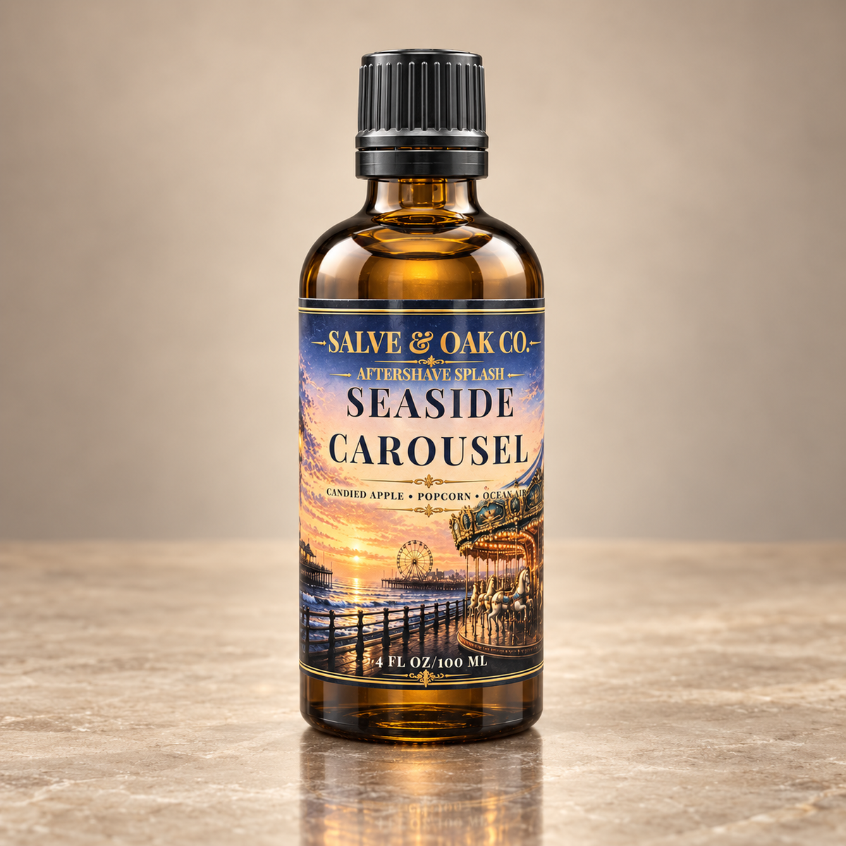 Salve & Oak Co. Seaside Carousel aftershave splash in amber glass bottle