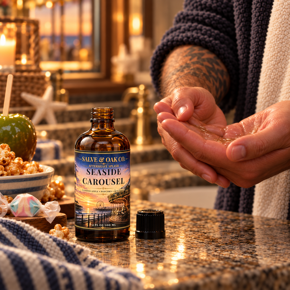 Seaside Carousel aftershave splash beside hands applying aftershave in a warm bathroom