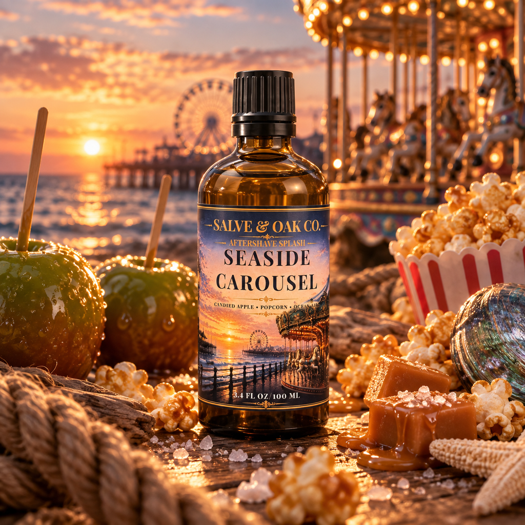 Seaside Carousel aftershave splash in a nostalgic seaside boardwalk and carnival scene