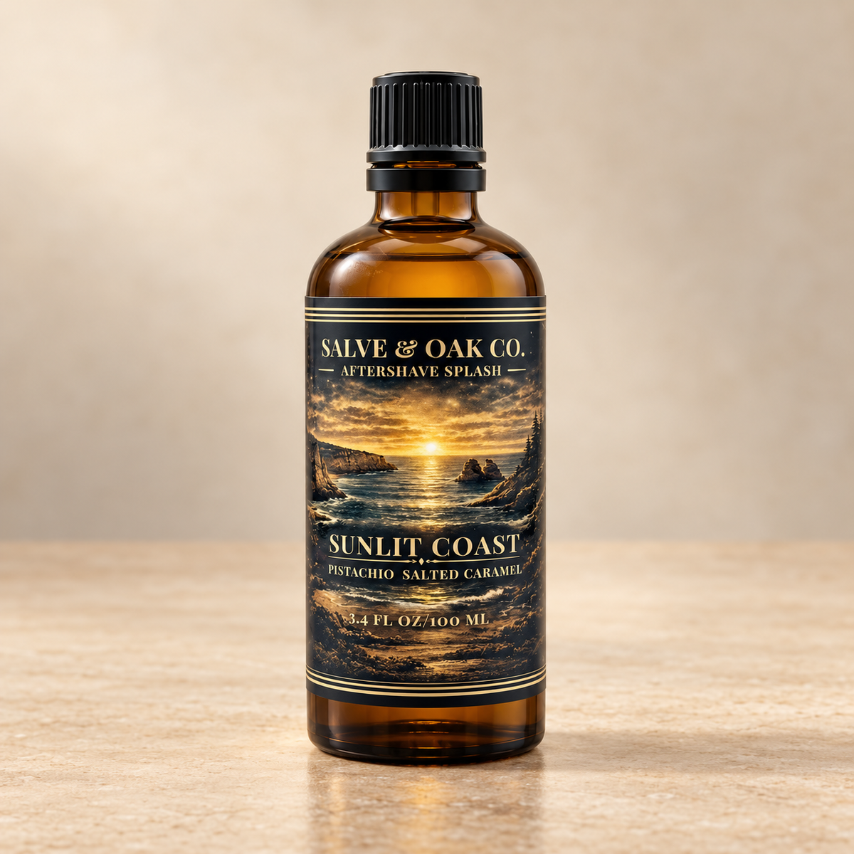 Salve & Oak Co. Sunlit Coast aftershave splash in amber glass bottle
