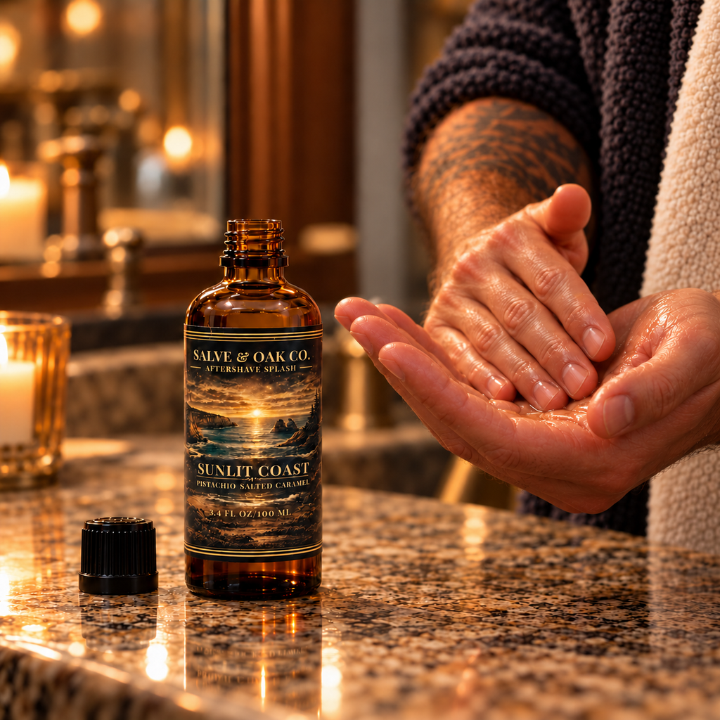 Sunlit Coast aftershave splash beside hands applying aftershave in a warm bathroom