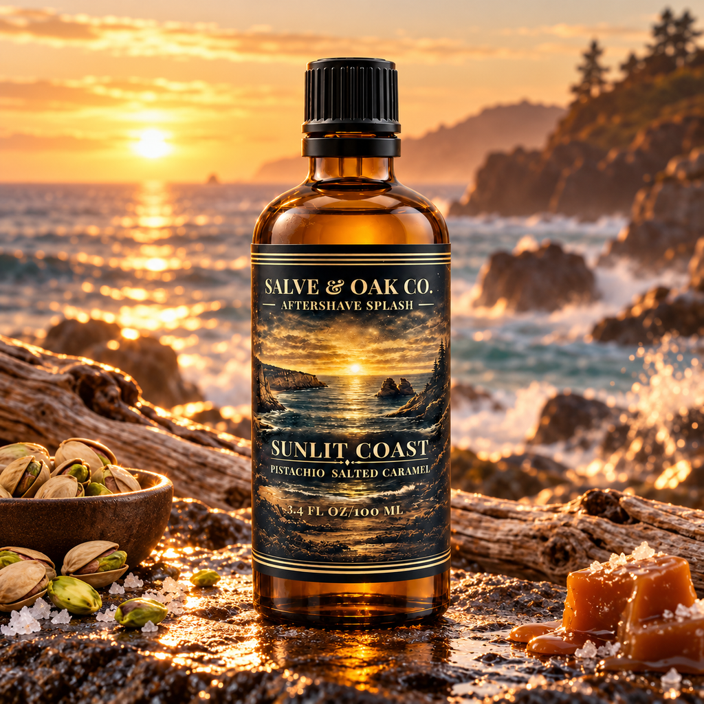 Sunlit Coast aftershave splash in a warm coastal scene inspired by pistachio and salted caramel