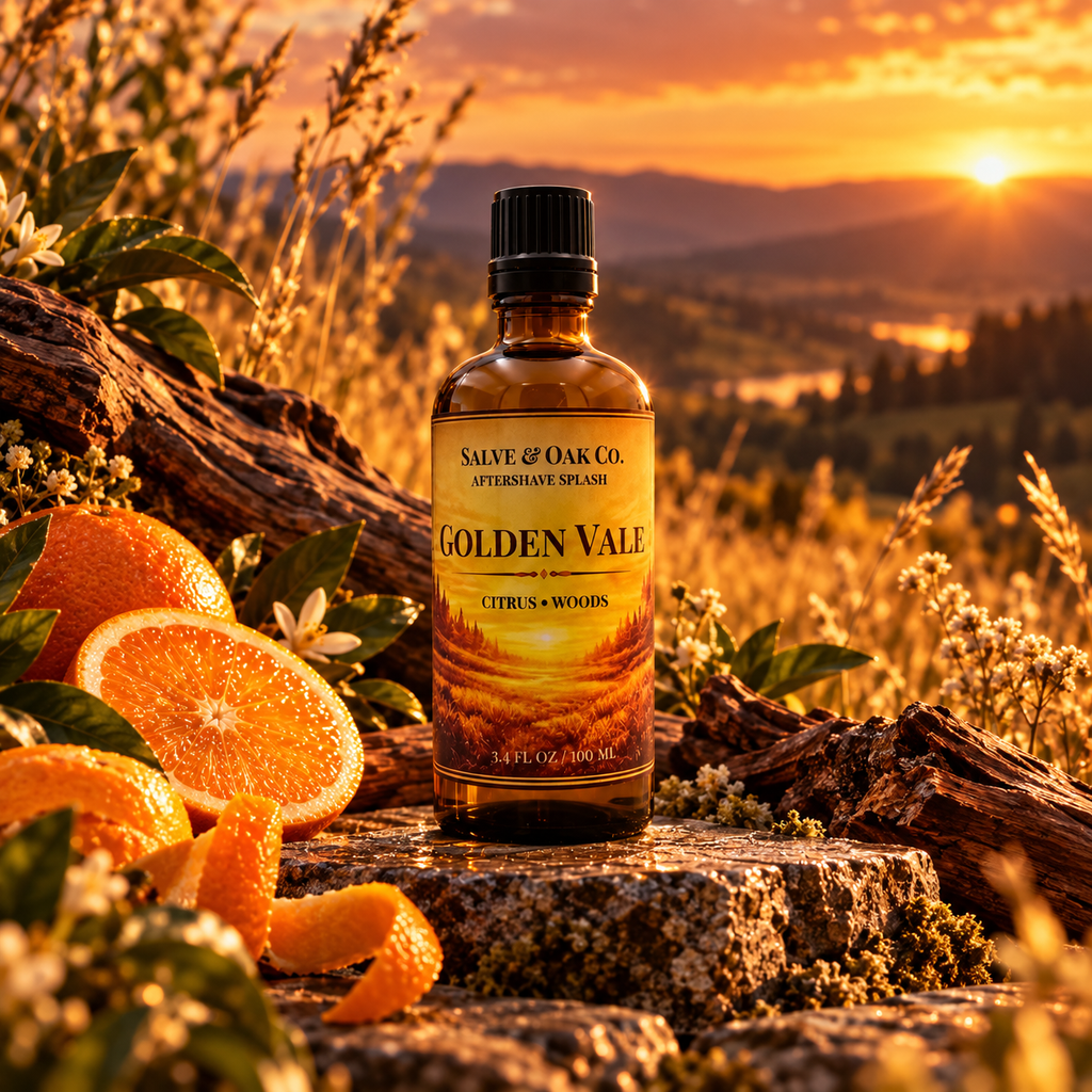 Golden Vale aftershave splash among citrus and weathered woods in a golden sunset landscape