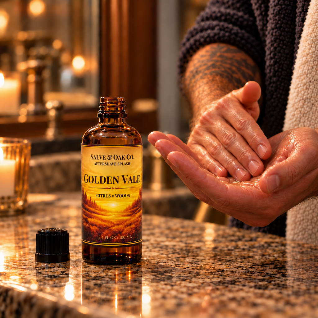 Golden Vale aftershave splash beside hands applying aftershave in a warm bathroom