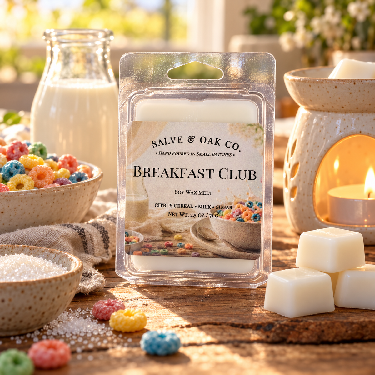 Breakfast Club wax melts with colorful cereal, a milk bottle, sugar, and a glowing ceramic warmer on a sunlit breakfast table.