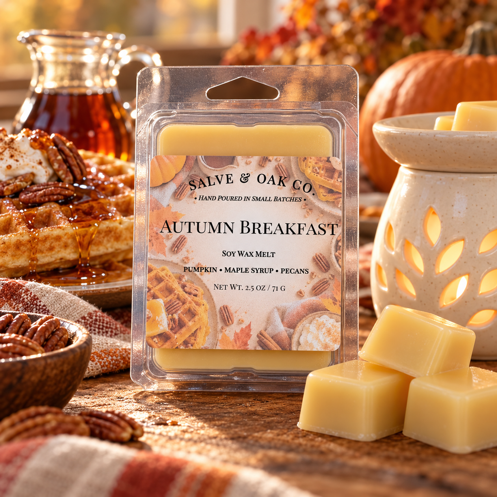Autumn Breakfast wax melts with maple syrup, pecan-topped waffles, pumpkin, and a glowing ceramic warmer in golden morning light.